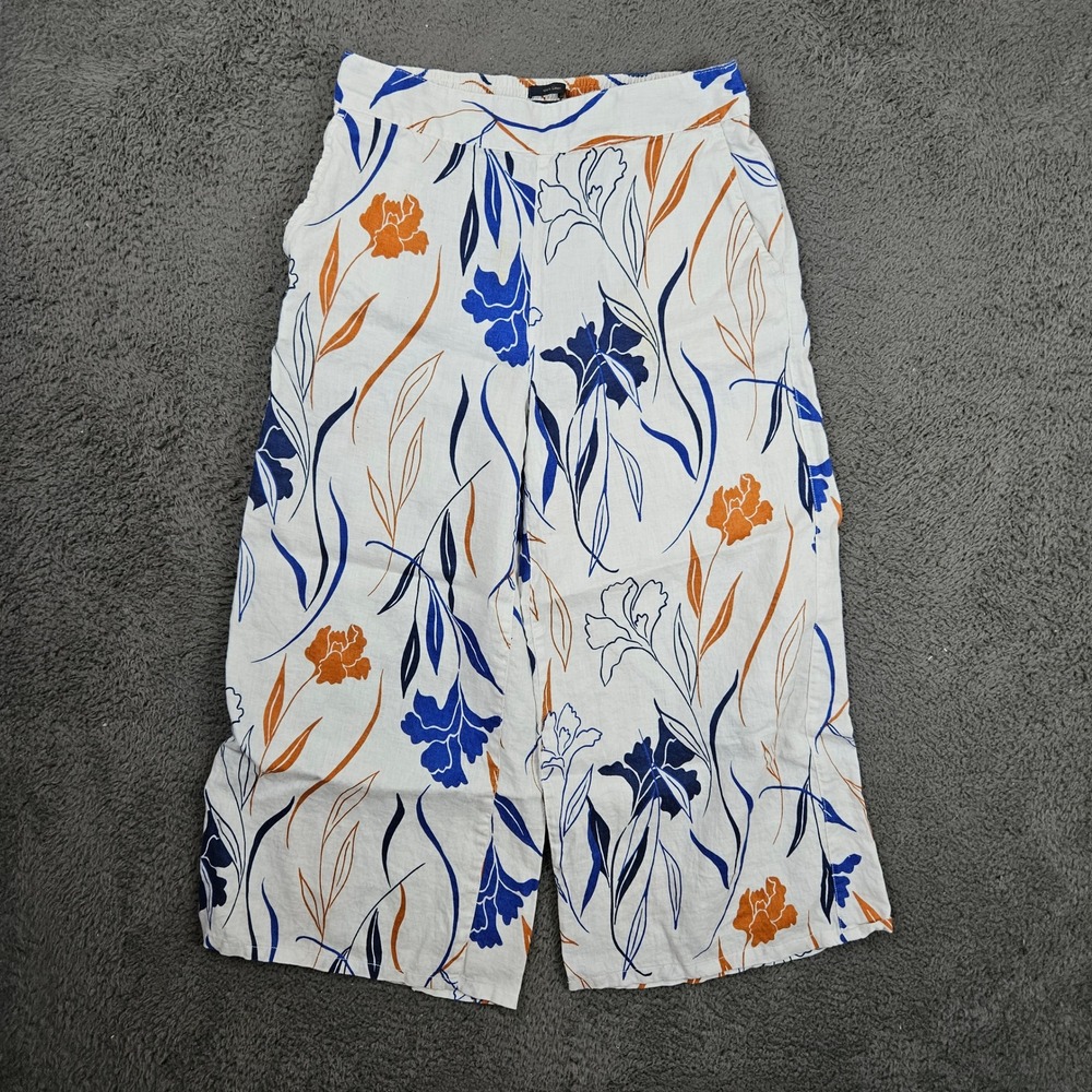 Rachel Rachel Roy Womens 100% Linen Wide Leg‎ Floral Pants White Blue Orange Med